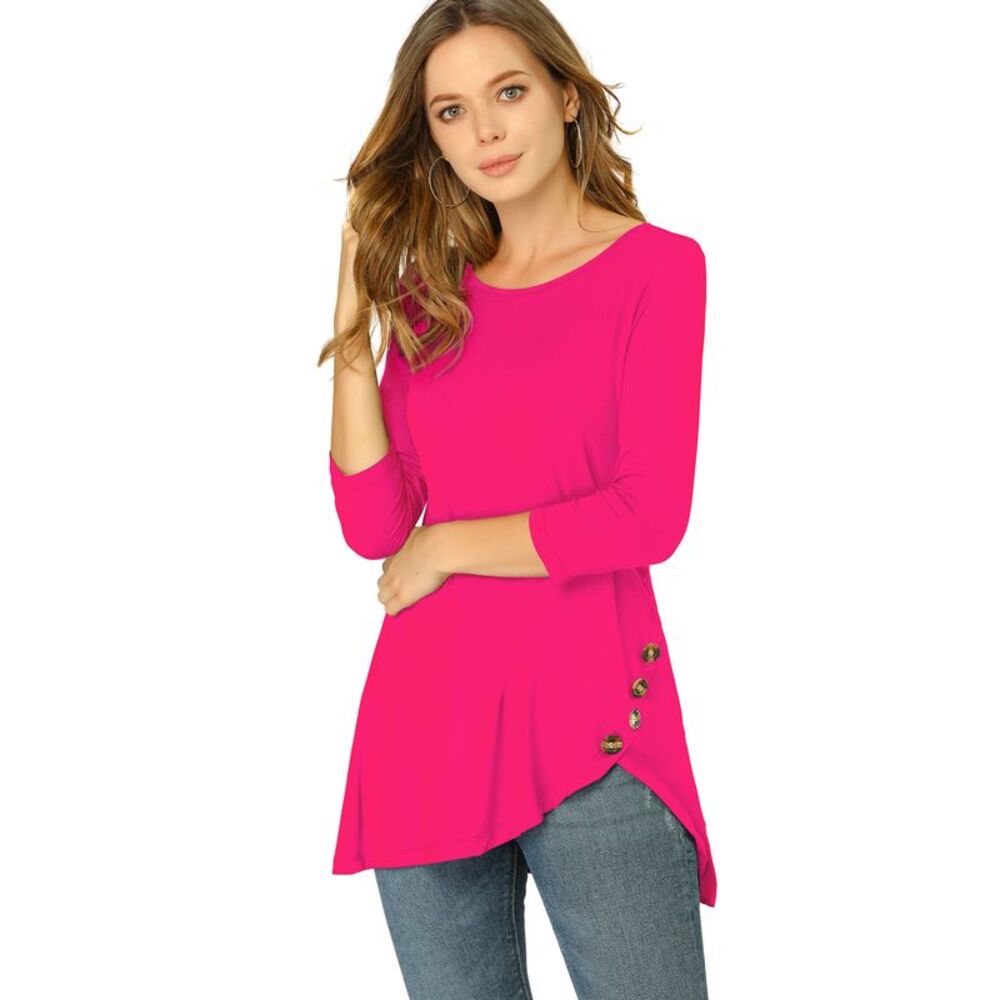 3/4 Sleeve Round Neck Button Decor Stretchy Tunic Tops Hot Pink